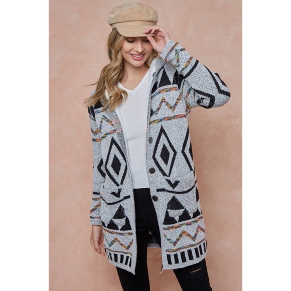 Gray Multi Sweater Hooded Long Knit Cardigan Sweater w/ Sherpa Lining - Picture 3 of 7
